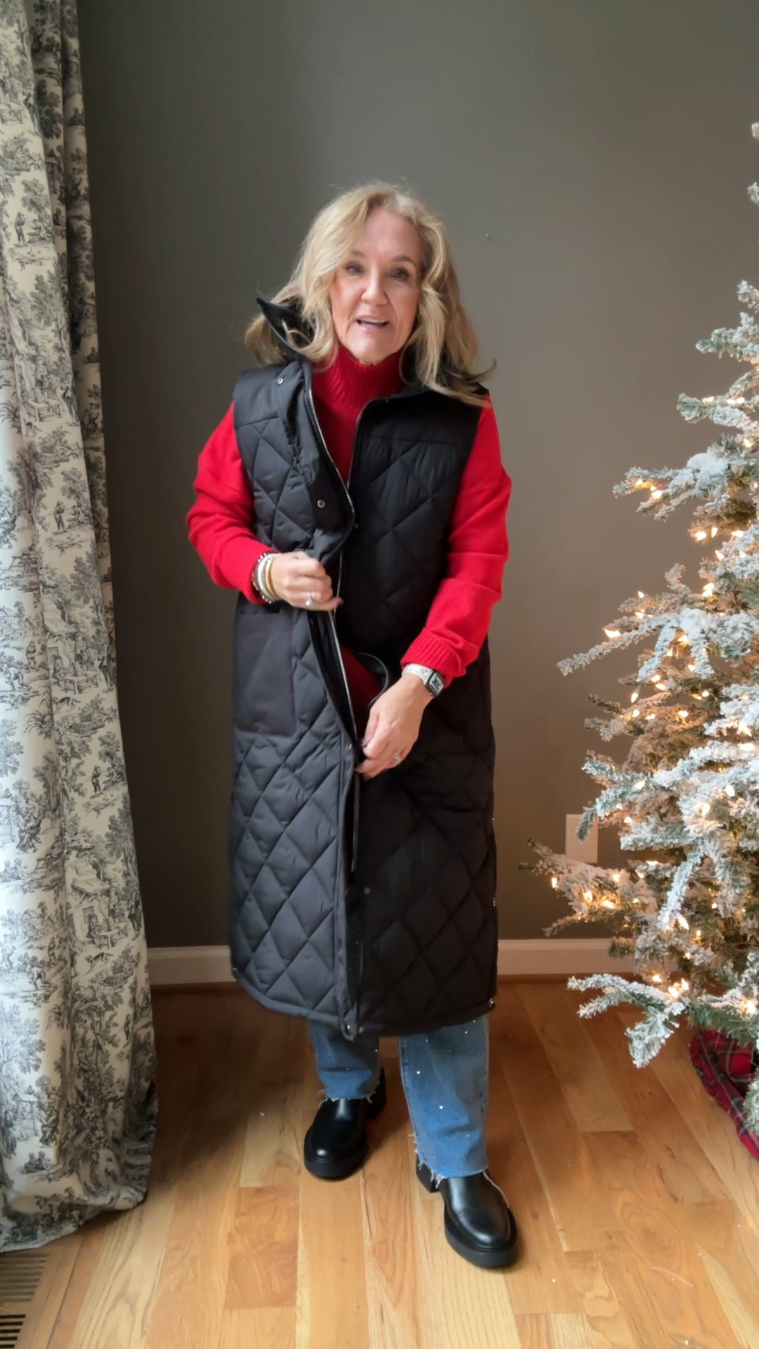 Sweater size medium
Jeans size 29 
Vest I’m wearing a large, but I needed a medium. Do not size up in this. 
Waterproof, leather Chelsea boot size, I always size up a half in my boots

Cold weather outfit, Bernardo coat, LOFT jeans, red sweater, red turtleneck, holiday outfit winter coat

#LTKOver40 #LTKSaleAlert #LTKSeasonal