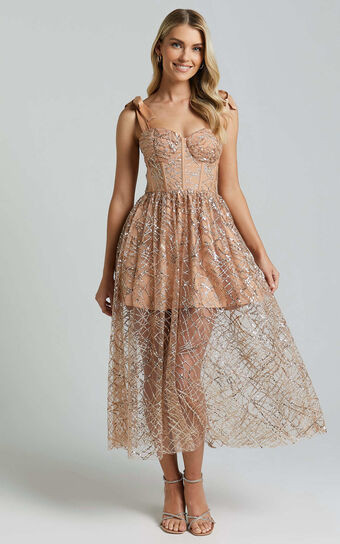 Rimea Midi Dress - Tie Shoulder Bustier Bodice Glitter Tulle Dress in Gold | Showpo (US, UK & Europe)