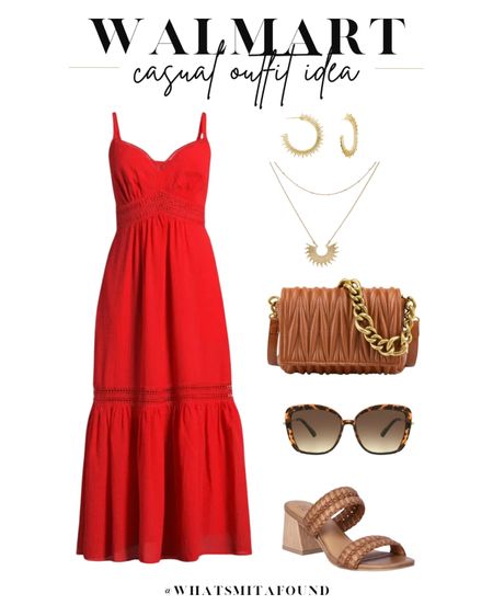 Walmart outfit idea, casual outfit idea, spring outfit idea, summer outfit idea, red dress, midi dress, red midi dress, tiered midi dress, red sundress, tiered sundress, trendy sundress, heeled sandals, tan heeled sandals, summer sandals, summer heels, tan purse, quilted purse, crossbody purse, tortoise shell sunglasses, sunburst hoops, gold hoops, layered necklaces, sunburst necklace 

#LTKfindsunder50 #LTKshoecrush #LTKitbag