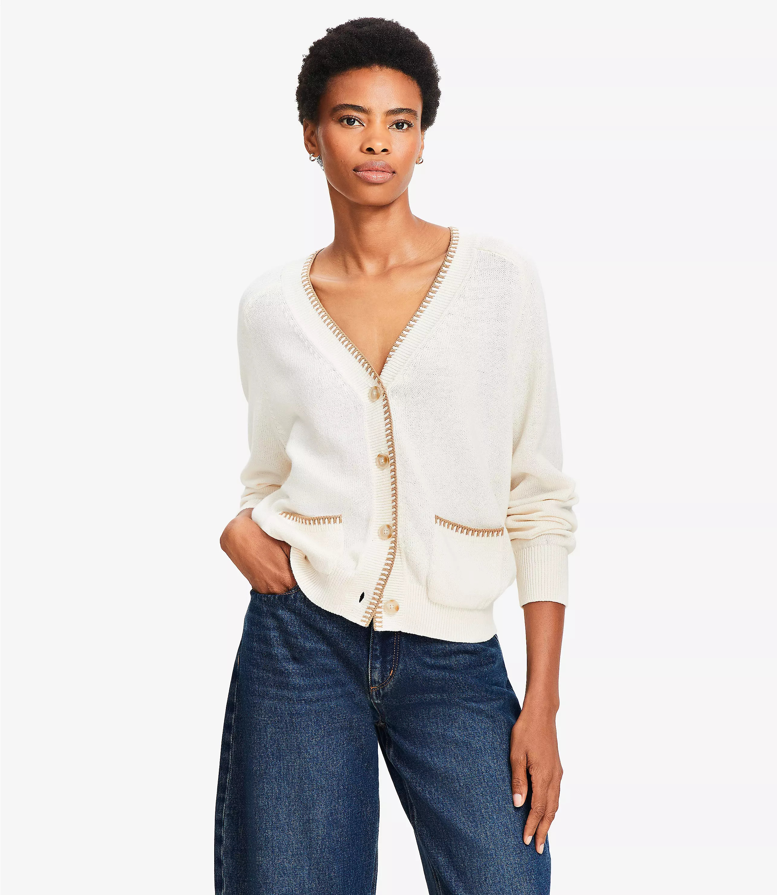 Petite Tipped V-Neck Pocket Cardigan | LOFT