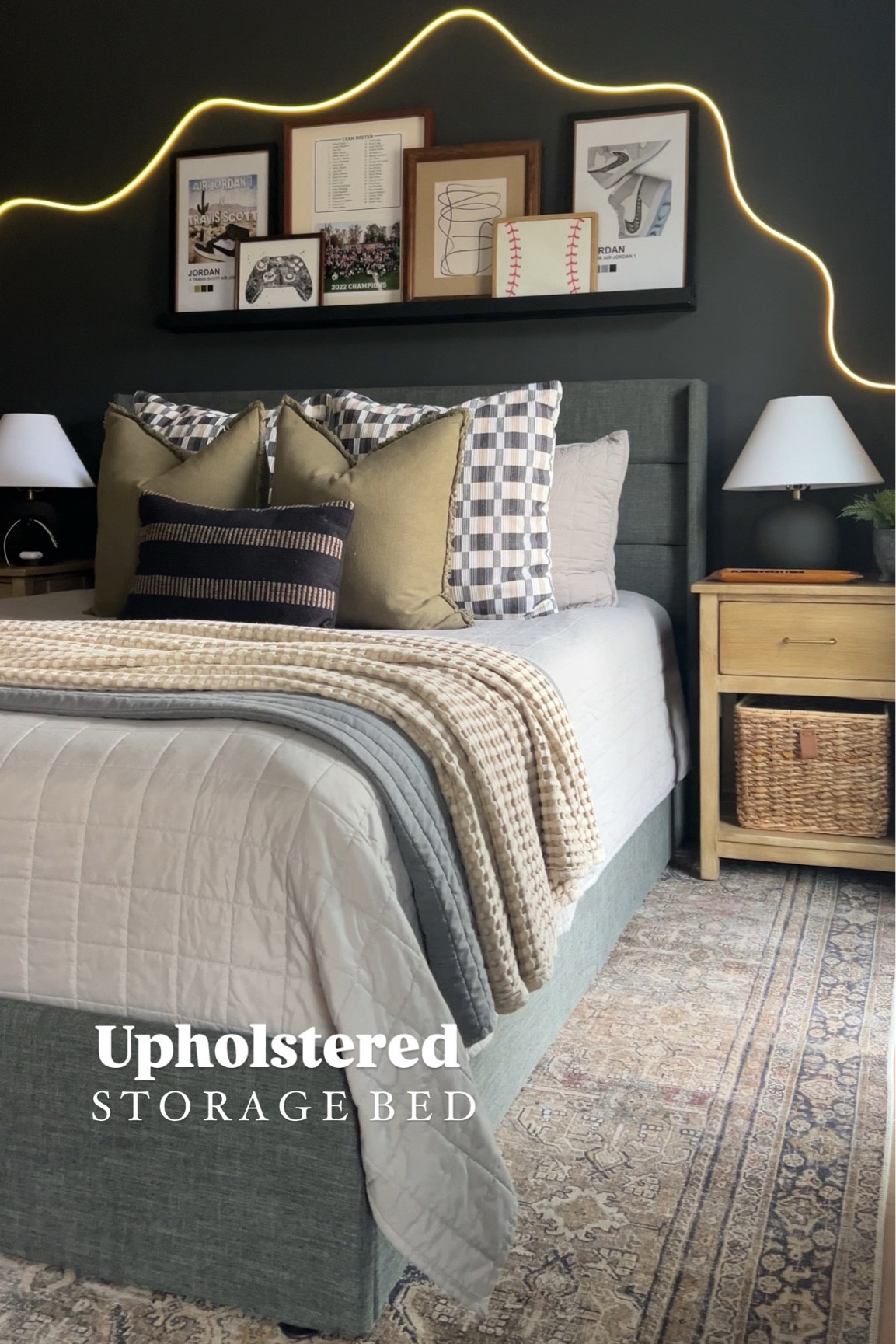 Teen boy bedroom | tween boy bedroom | kids bedroom | lift up storage bed | home decor | bedroom decor | bedding | upholstered bed | gray upholstered bed | loloi rug | olive charcoal rug | Amazon finds | Target finds | Bedsure waffle knit blanket boys bedroom decor | nightstand | throw pillow combo | led rope lights | bendable led lights 

#LTKFindsUnder100 #LTKFindsUnder50 #LTKHome