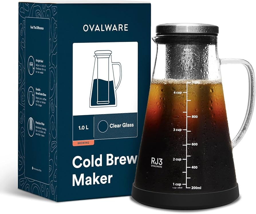 OVALWARE Airtight Cold Brew Iced Coffee Maker Pitcher and Tea Infuser with Spout - 1.0L / 34oz Ov... | Amazon (US)
