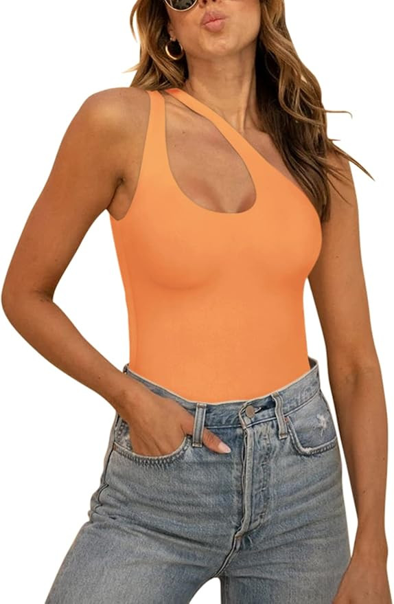 REORIA Women’s Sexy One Shoulder Cutout Front Backless Sleeveless Tank Top Bodysuits | Amazon (US)