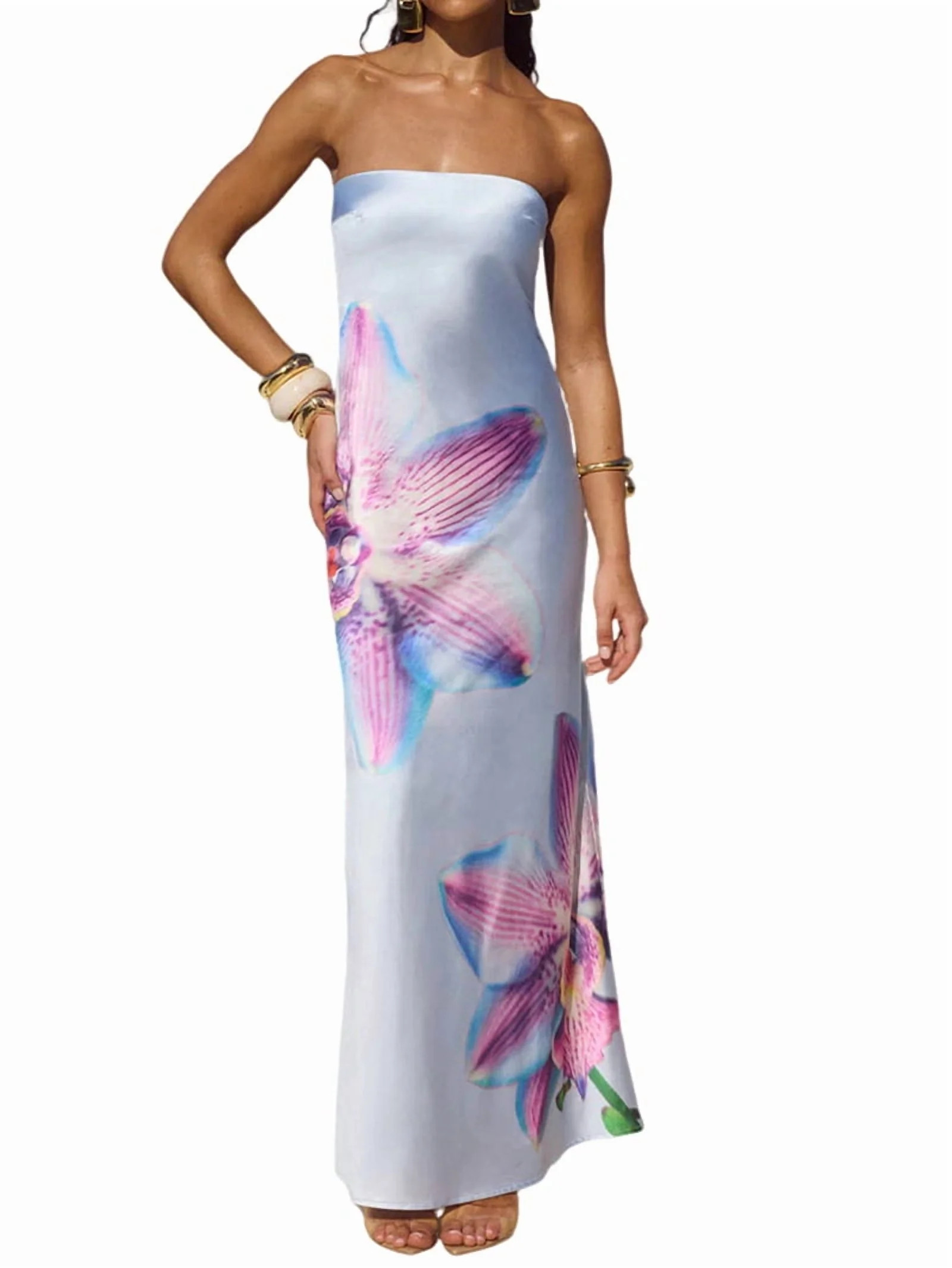 Women Y2k Strapless Maxi Dress Floral Print Tube Long Dress Boho Beach Sundress Going Out Streetw... | Walmart (US)