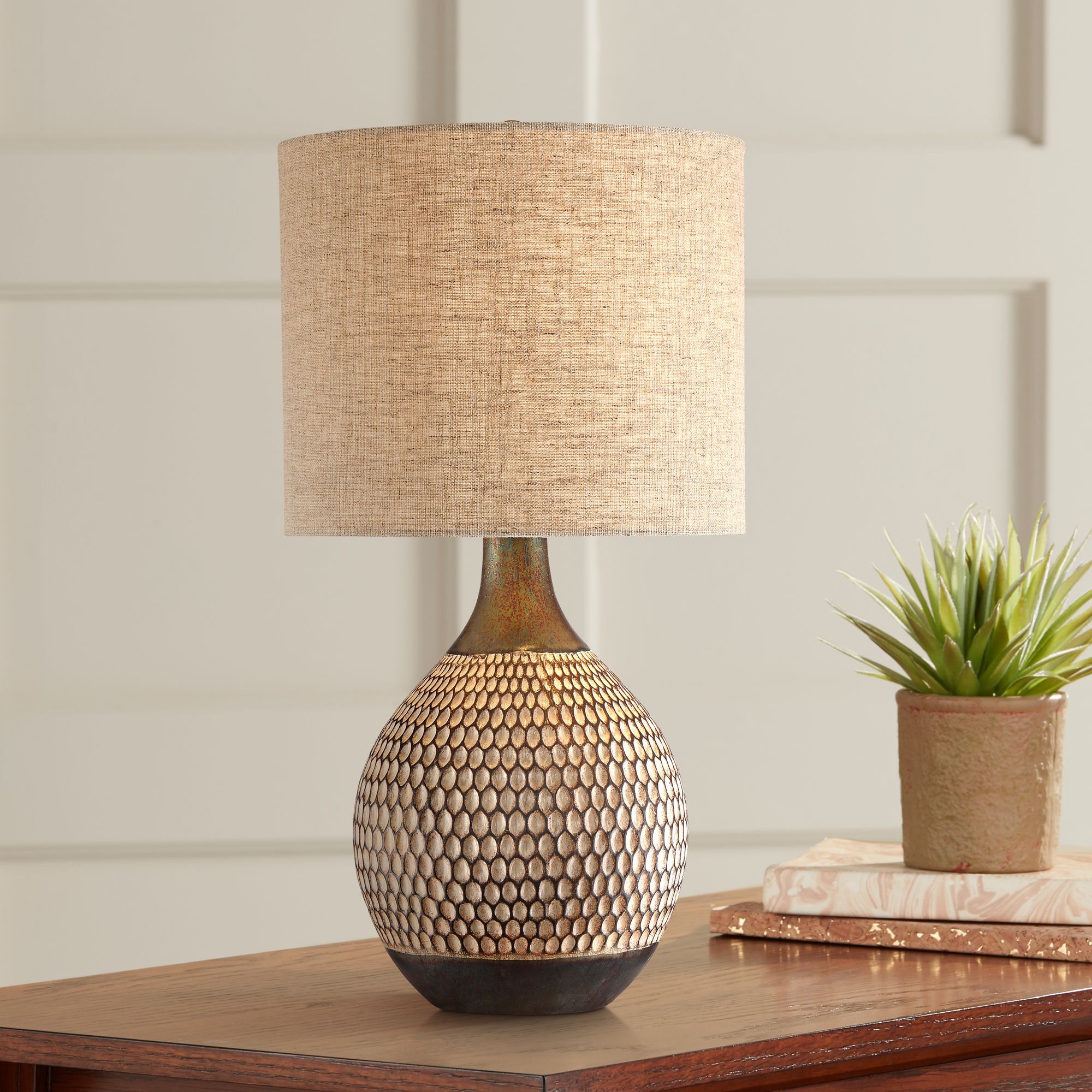 360 Lighting Mid Century Modern Accent Table Lamp Brown Ceramic Drum Shade Living Room Bedroom Be... | Walmart (US)