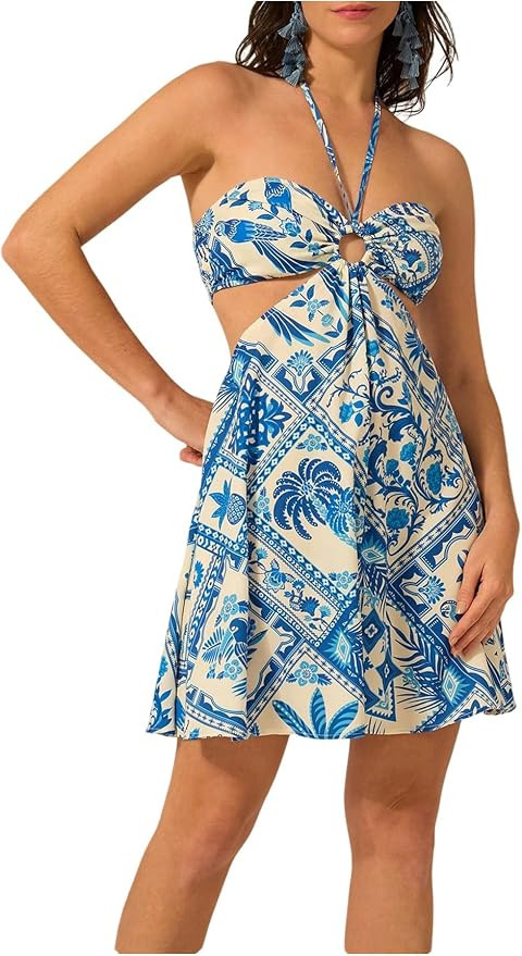 MakeMeChic Women's Summer Tropical Print Mini Dress Sundress 2025 Halter Backless Cut Out Short D... | Amazon (US)