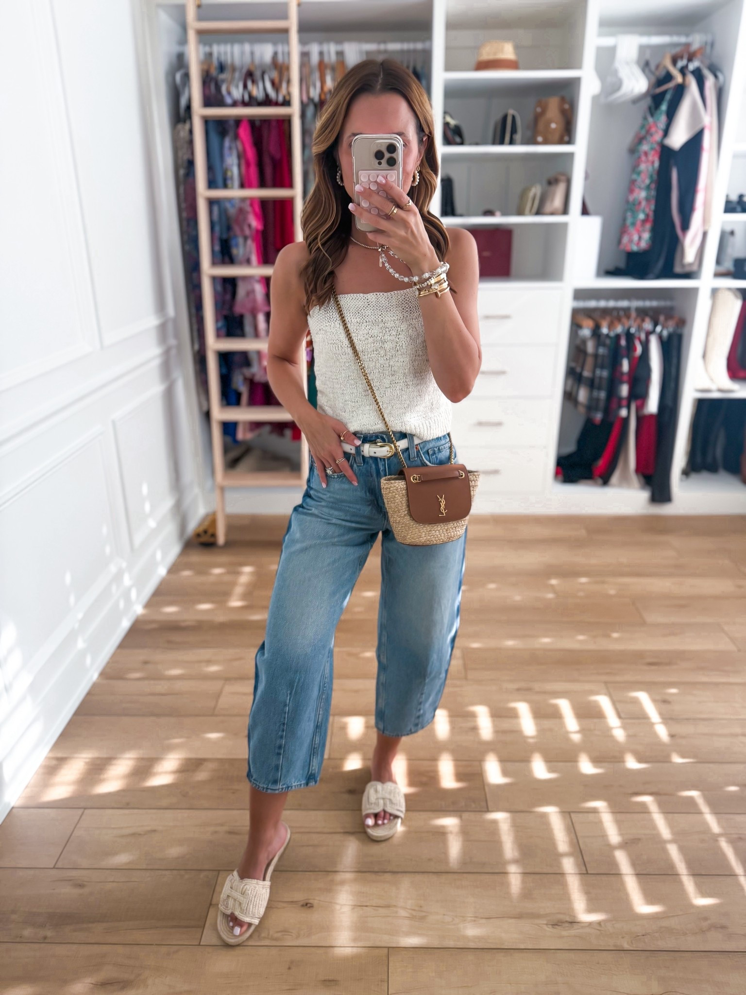 New YSL mini manon raffia purse. Adjustable crossbody straps. Target barrel leg jeans in 00 short. Target sweater top in XS. Neutral slide sandals - whole sizes only. I’m a 6.5 and sized up to a 7! My spring outfit of the day here. Elevated casual outfit. XS in belt. 

#LTKTravel #LTKPetite #LTKootd