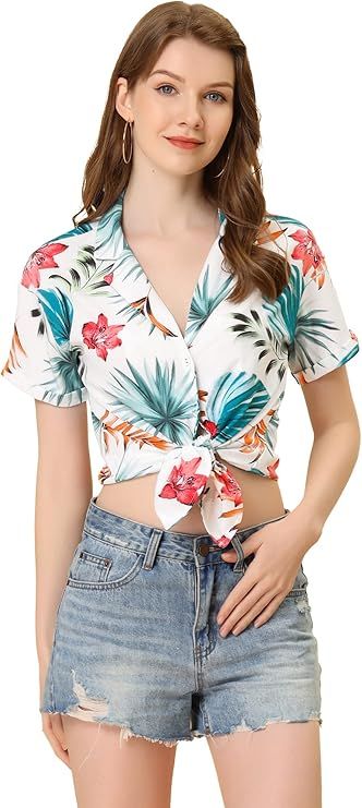 Allegra K Women's Hawaiian Shirts Leaves Printed Short Sleeve Tropical Button Down Shirt | Amazon (US)