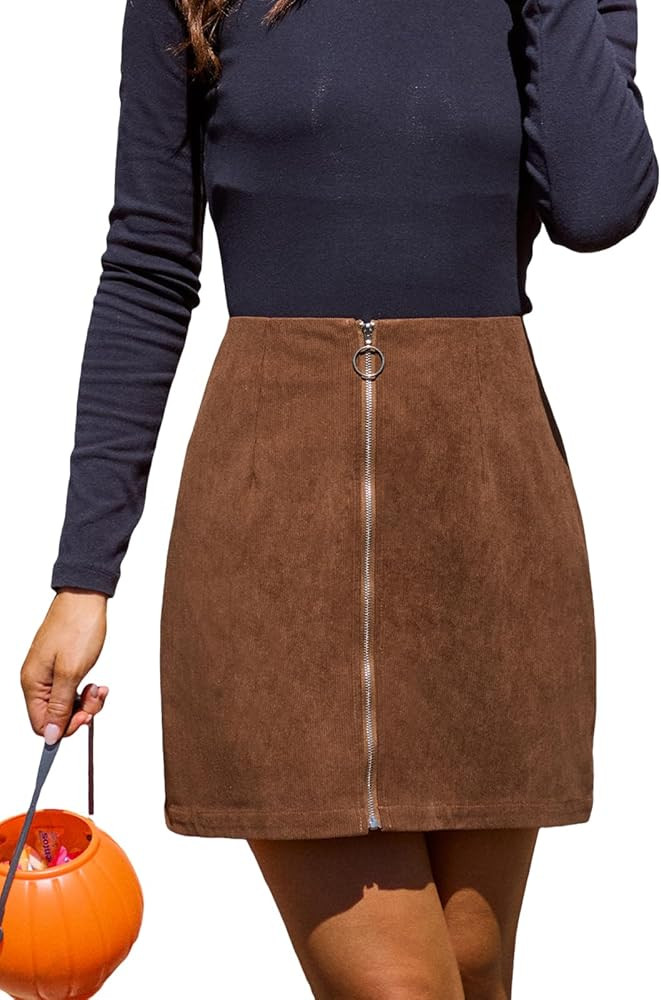 CUPSHE Corduroy Front Zipper Mini Skirt High Waist Woven Front Zipper Short Skirts | Amazon (US)
