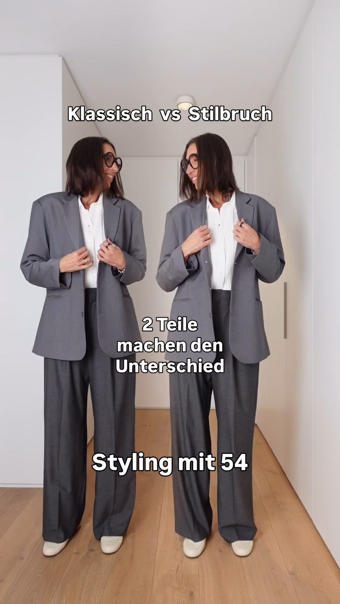 Stilbruch Styling mit 54. over Size, Blazer und graue Hose. Entweder mit weißer Bluse und weißen Lofer oder Traum, Shirt und grauen Sneaker. 

#LTKstyletip #LTKdeutschland #LTKü50