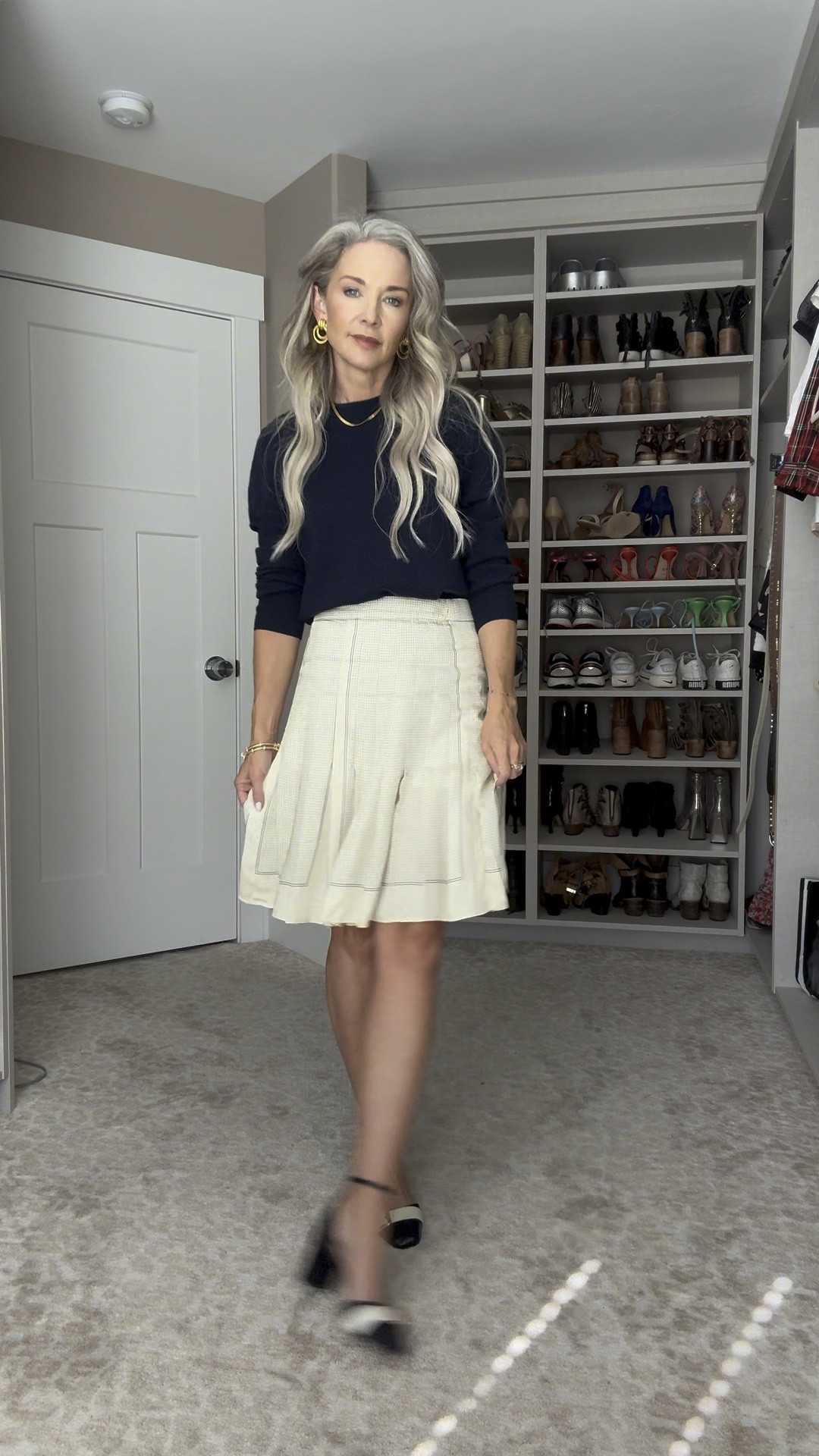 “Feeling the perfect blend of cozy and chic in this J.Crew ensemble! The navy crewneck sweater pairs beautifully with the fluttery pleated polka dot skirt, while the color block heels add a playful touch—though I’m not sure if they’re keeping me company or just squeaking their way back to the store! What do you think—are we keeping it or sending it back? Vote in the poll! #JCrew #FashionTryOn #OOTD #StyleInspo #PolkaDots #SweaterWeather #FallFashion #ChicOutfit #Fashionista #WardrobeEssentials #ColorBlock #PleatedSkirt #FashionPoll #TrendyLooks #OutfitOfTheDay #StyleGoals”

#LTKBeauty #LTKOver40 #LTKWorkwear
