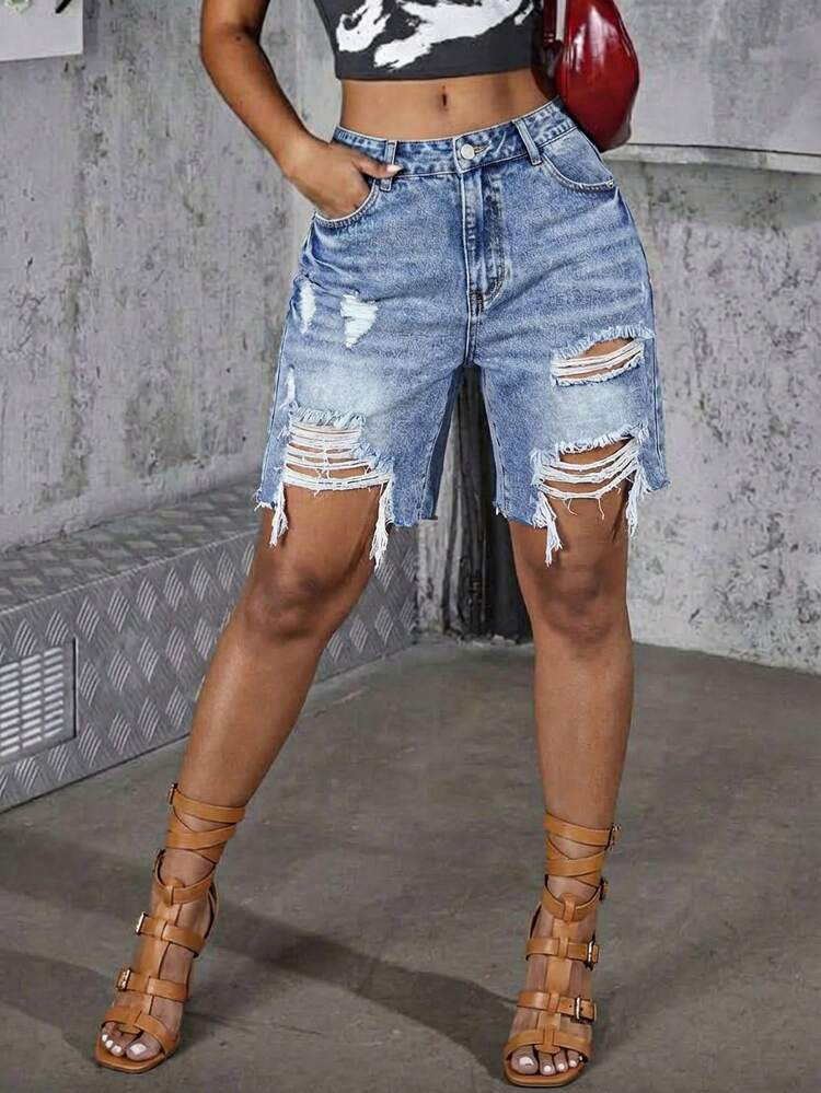 Distressed Denim Shorts Regular Size | SHEIN