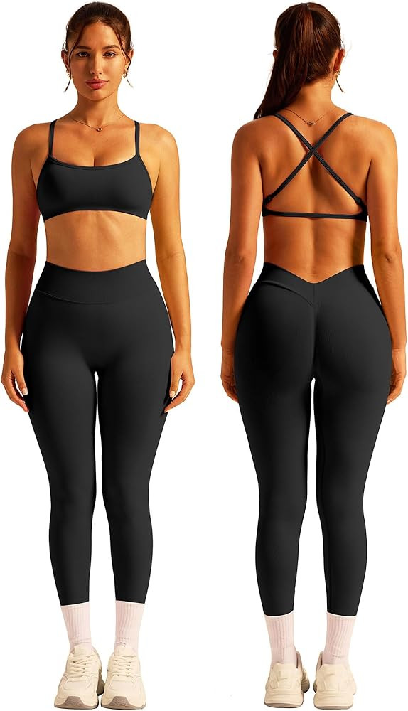 ABOCIW 2 Piece Workout Sets for Women Seamless Strappy Sports Bra V Scrunch Butt Lifting High Wai... | Amazon (US)