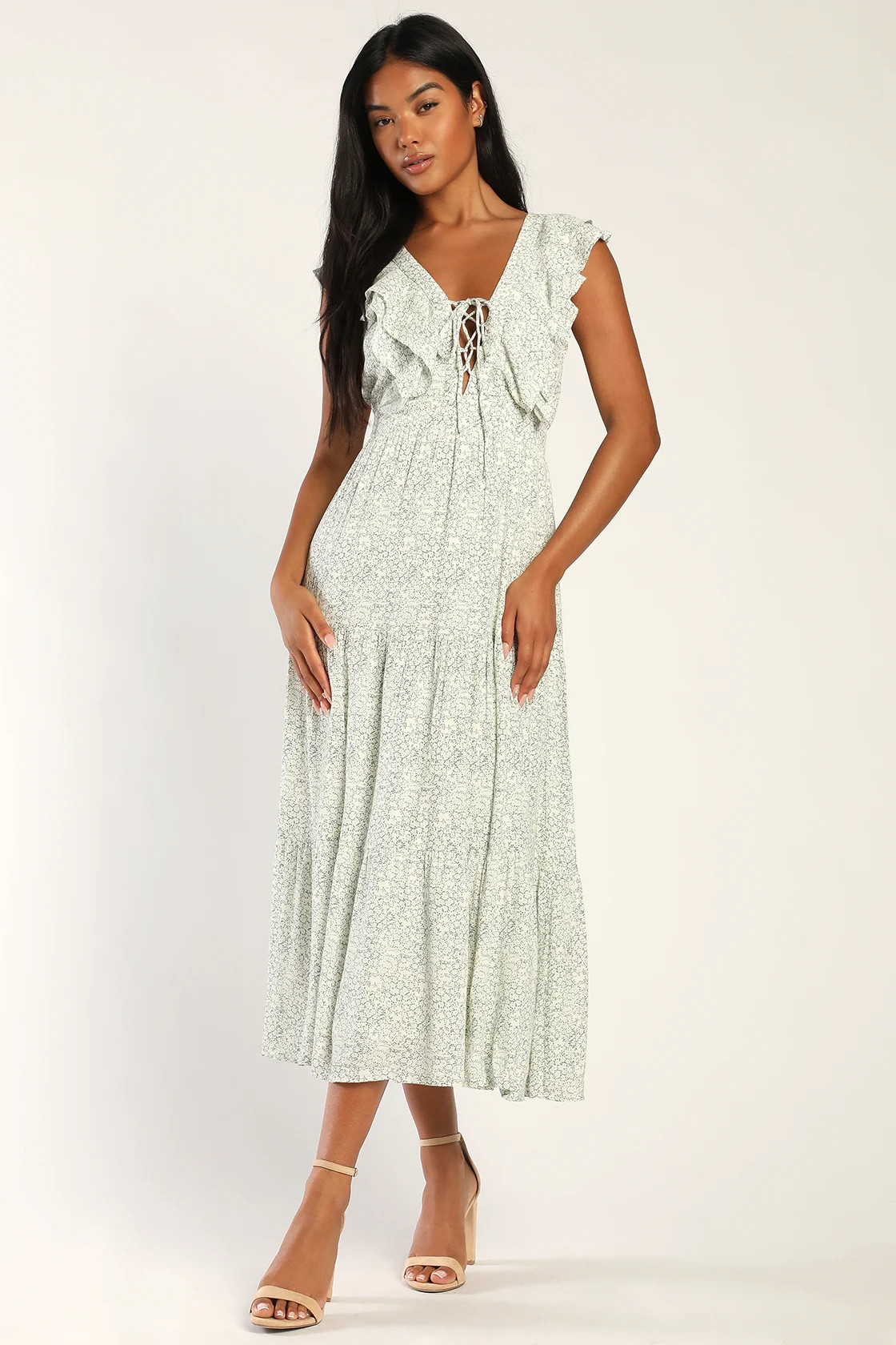 Romance in Bloom Cream Floral Print Ruffled Tiered Midi Dress | Lulus (US)