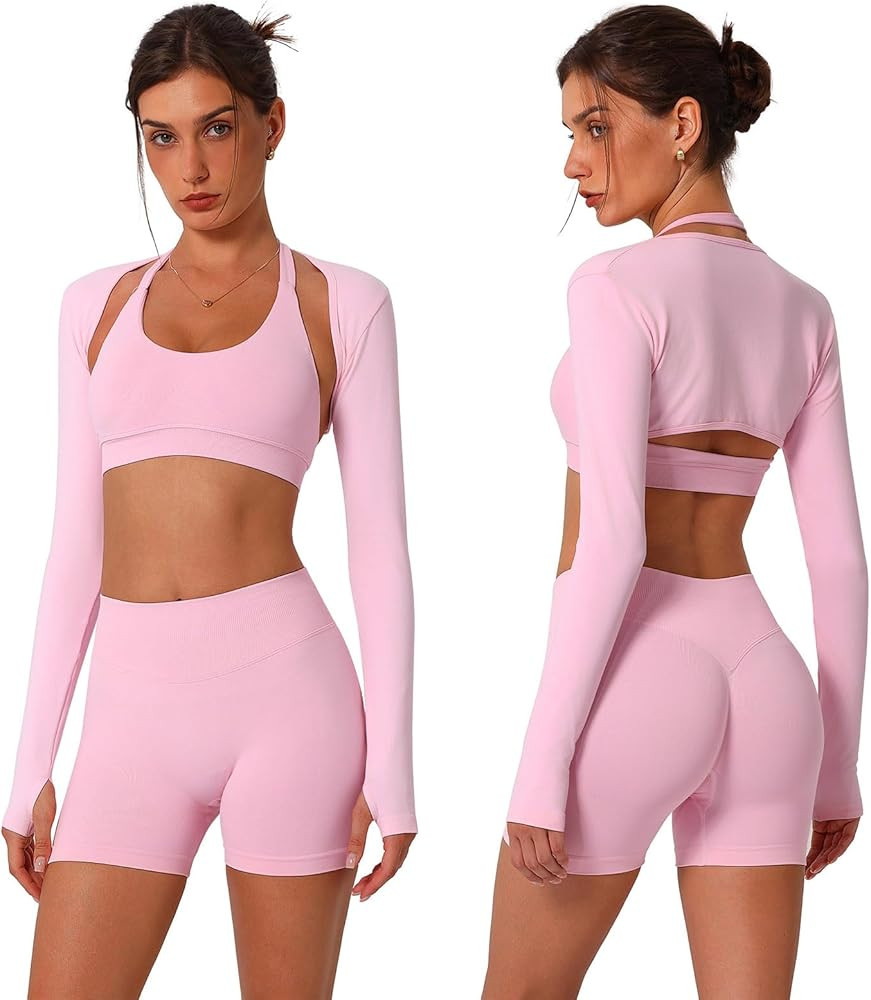 ABOCIW 3 Piece Workout Sets for Women Seamless Halter Sports Bra High Waist Biker Shorts Long Sle... | Amazon (US)