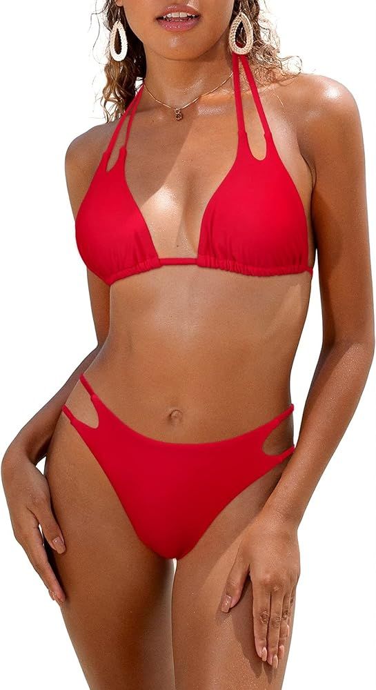 beautyin Women Triangle Halter String Mid Waist Bikini Set Swimsuit Two Piece | Amazon (US)