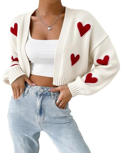 Valentine Sweaters for Women Fluffy Heart Embroidery Cropped Cardigan Open Front Long Sleeve Drop Shoulder Sweater (White, M) | Amazon (US)