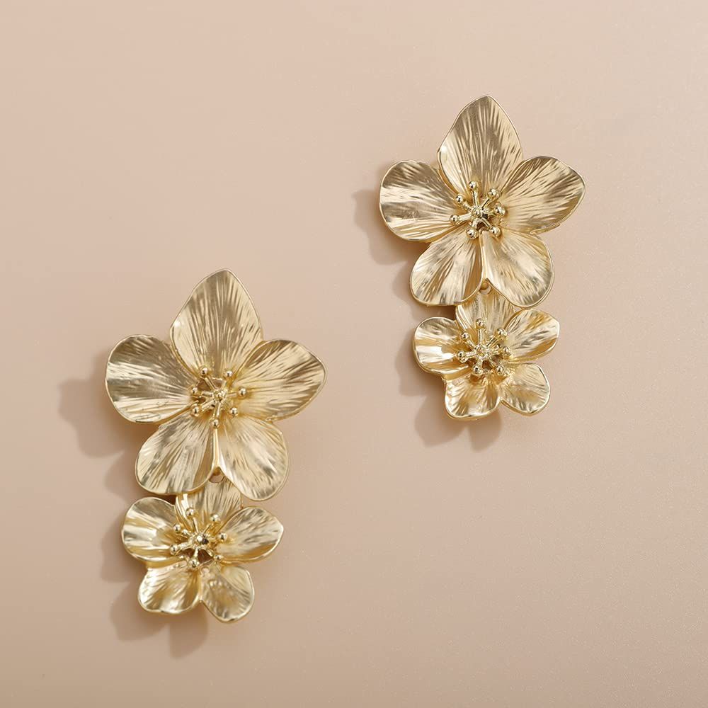 Gold Large Double Flower Earrings for Women Boho Statement Flower Earrings Bohemian Gold Elegant ... | Amazon (US)