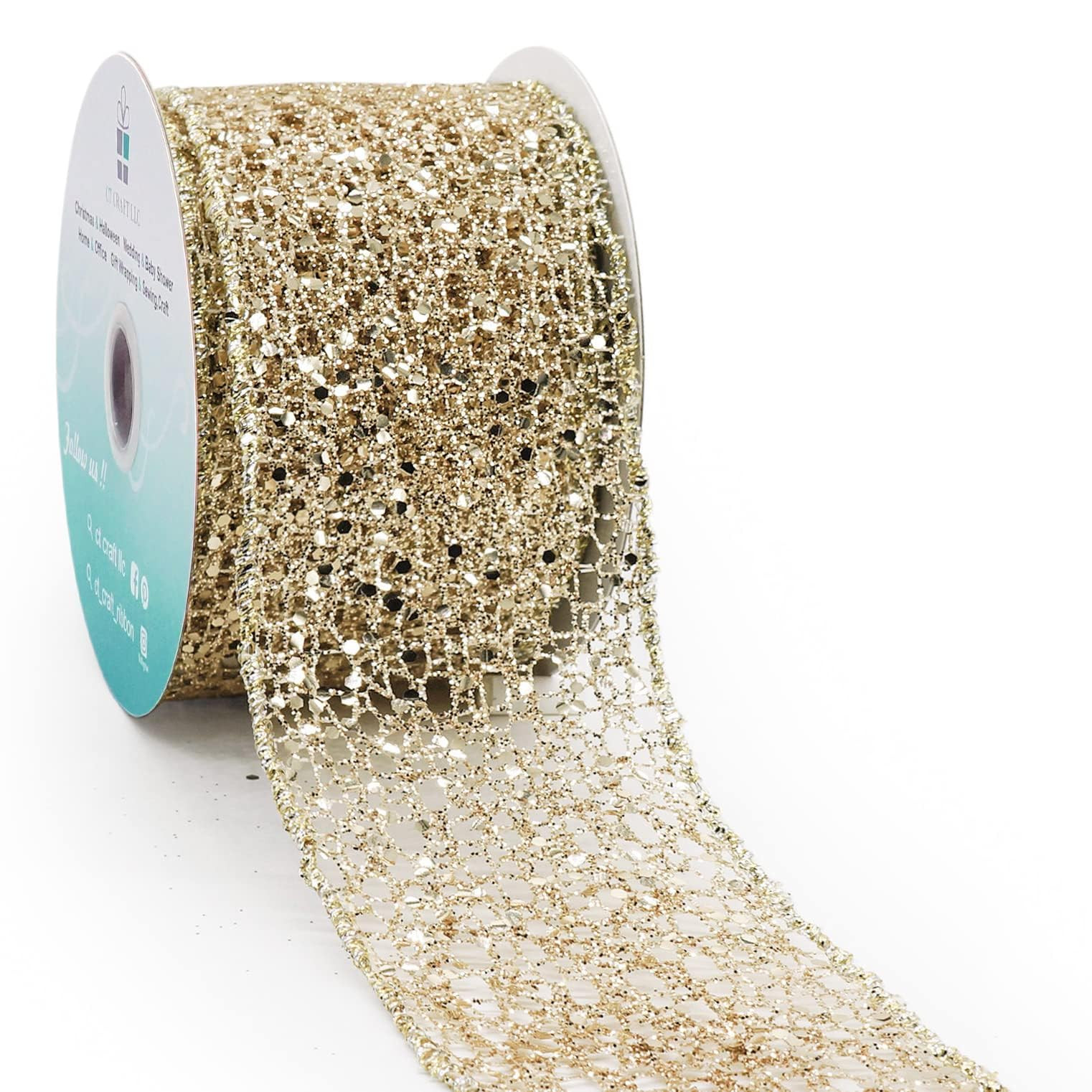 CT CRAFT LLC Sparkling Glitter Mesh Wired Ribbon 2.5" x 10 Yards Champagne Gold for Christmas Hom... | Amazon (US)