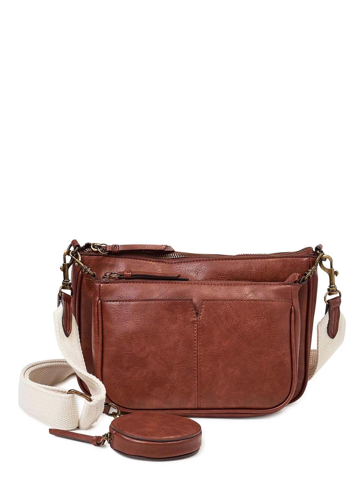 Time and Tru Women's Faux Leather Dana Crossbody Handbag Brown | Walmart (US)
