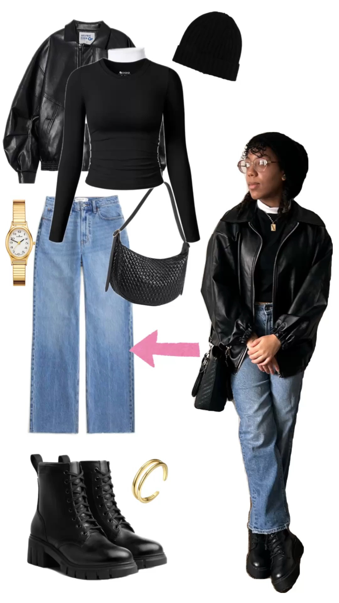 Serving major streetwear fashion vibes with this all black outfit featuring a sleek leather jacket, jeans, classic black combat boots, and layered details that make it stand out.  The perfect street style inspo for your wardrobe! 

Follow for more petite fashion 💖