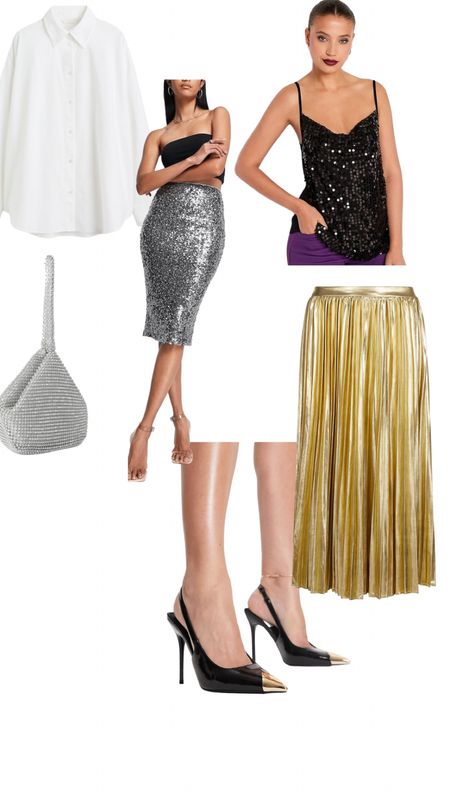 NYE outfit inspo, holiday season outfit, party outfit, midi maxi skirt, gold sparkle skirt dress, sequin top, sparkle glittery skirt, rhinestone bag , white shirt , sling back gold black leather heels 

#LTKHoliday #LTKFind #LTKaustralia