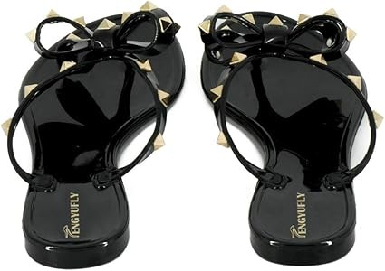 Womens Rivets Bowtie Flip Flops Jelly Thong Sandal Rubber Flat Summer Beach Rain Shoes | Amazon (US)