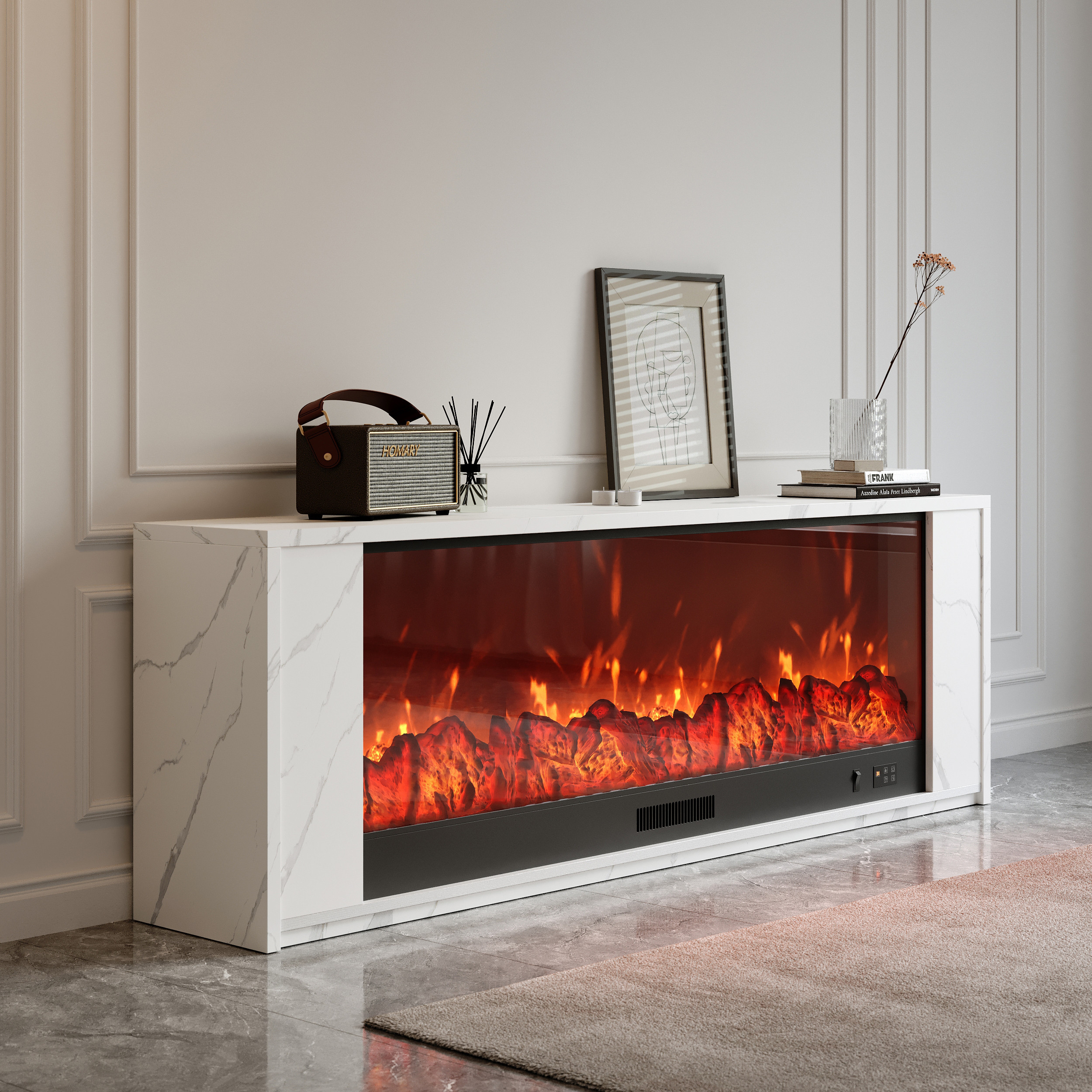 70.9" Electric Fireplace TV Stand Modern Media Console Entertainment Center with Adjustable Remote Control Temperature in White | Homary