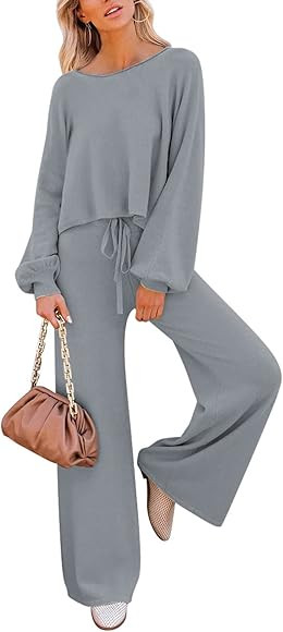 Pink Queen Women's 2 Piece Outfit Sweater Set Long Sleeve Crop Knit Top and Wide Leg Long Pants S... | Amazon (US)