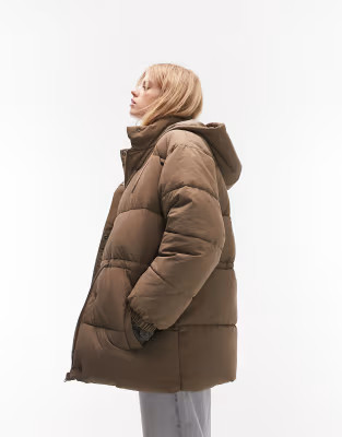 Topshop mid length tie waist puffer jacket in mushroom | ASOS (Global)