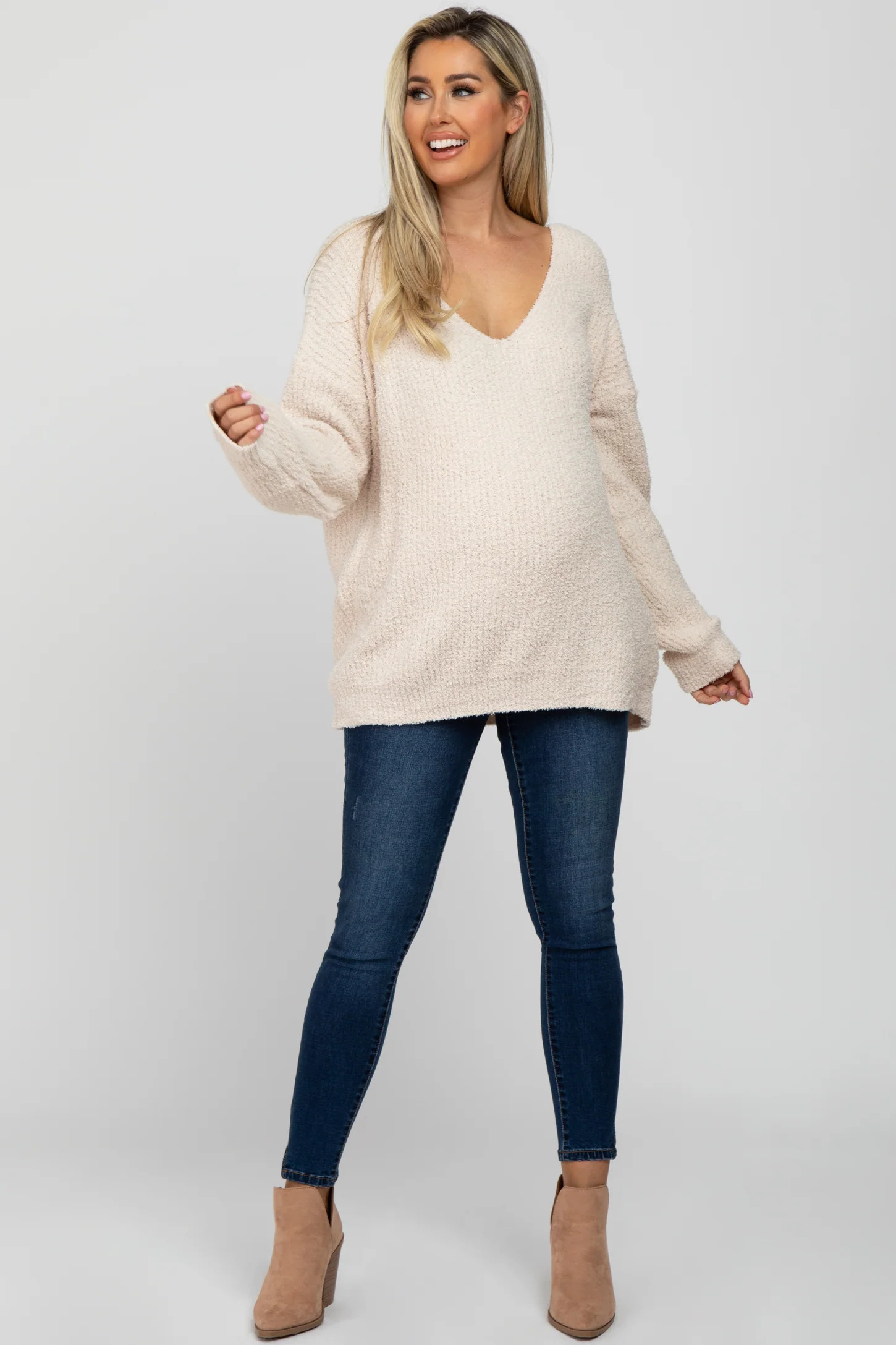Beige V-Neck Soft Maternity Sweater | PinkBlush Maternity