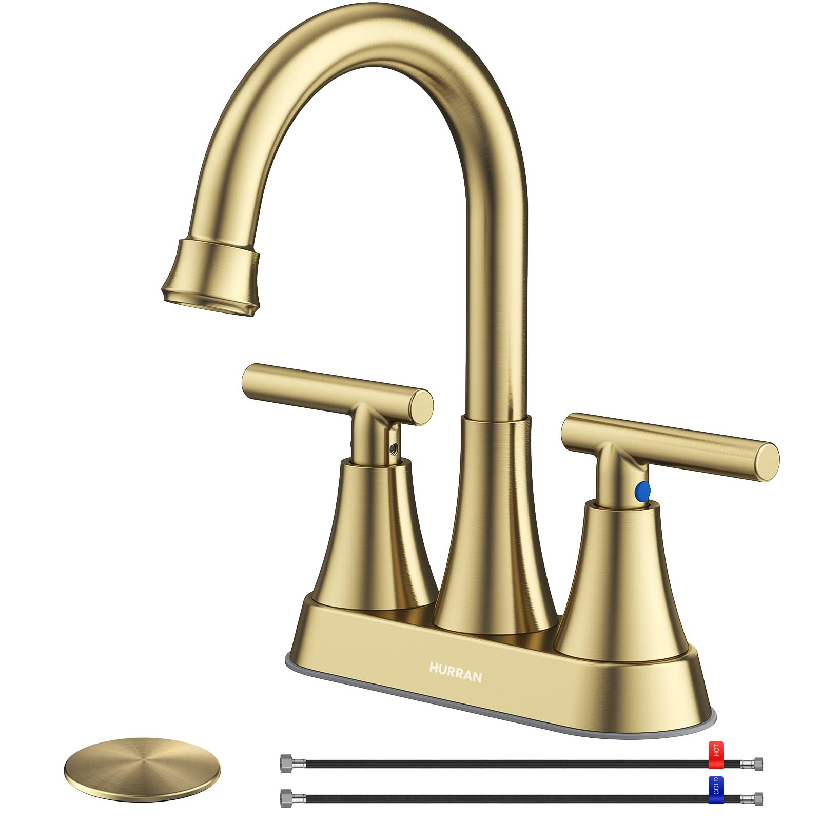 4 inch Brushed Gold Bathroom Sink Faucet with Pop-up Drain and 2 Supply Hoses, Stainless Steel Le... | Amazon (US)