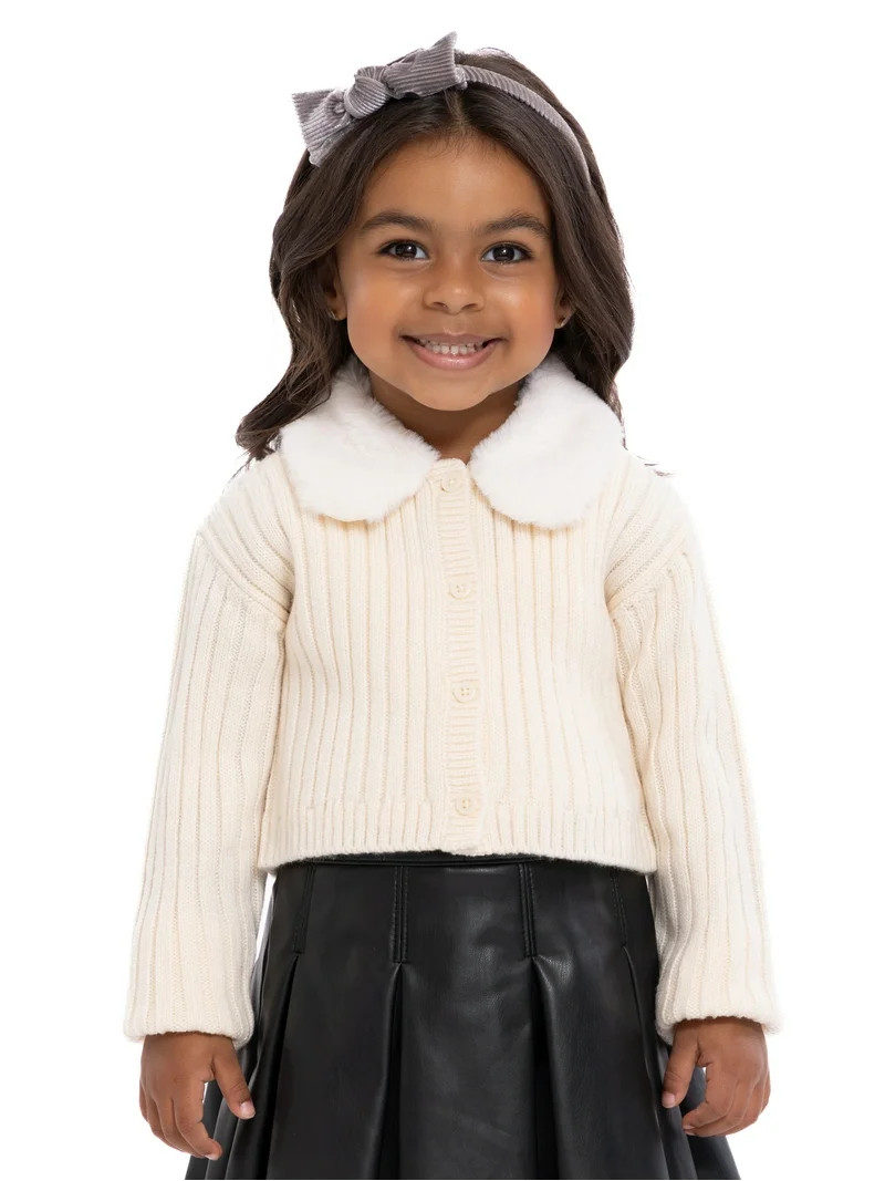 Wonder Nation Toddler Girls Cardigan Sweater with Faux Fur Collar, Lightweight, Sizes 12M-5T | Walmart (US)