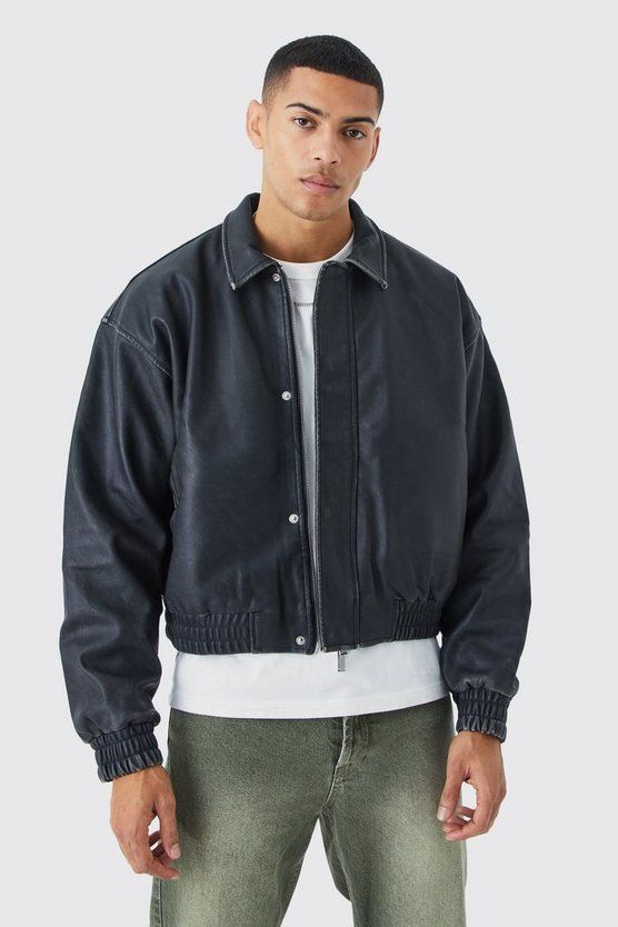 Boxy Washed Heavy Pu Collared Bomber | boohooMAN (DE, IE & UK)