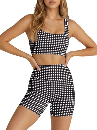 Aoysky Womens Workout Gingham 2 Piece Outfits Padded Open Back Crop Tank High Waist Sports Shorts Sets Casual Yoga Matching Sets | Amazon (US)