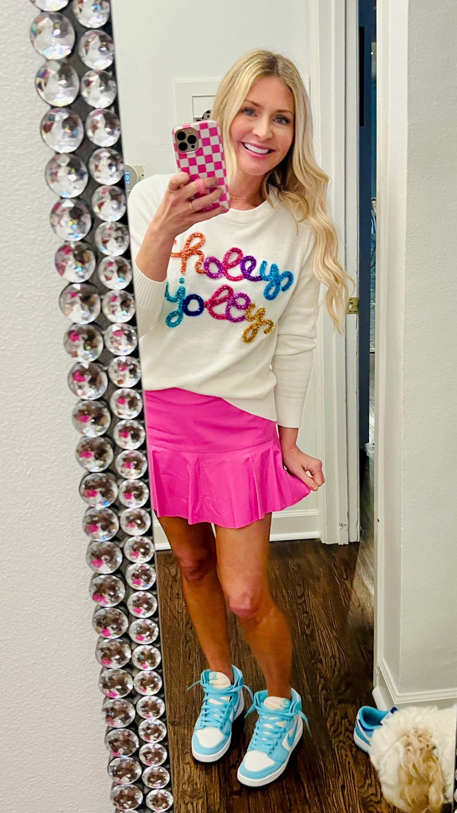 Colorful Christmas outfit. Sparkly Christmas sweater and pink skirt  

#LTKSeasonal #LTKHoliday #LTKparties