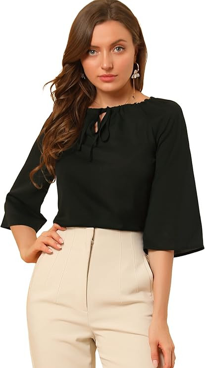 Allegra K Women's 3/4 Sleeves Chiffon Cut Out Self-Tie Neck Bell Sleeve Blouse Tops | Amazon (US)