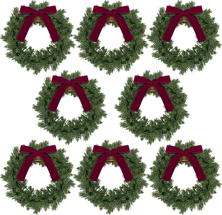 Dingion 8 Pcs Christmas Artificial Wreaths 10x10 Inch Red Ribbon Bow Bell     Artificial Greenery... | Amazon (US)