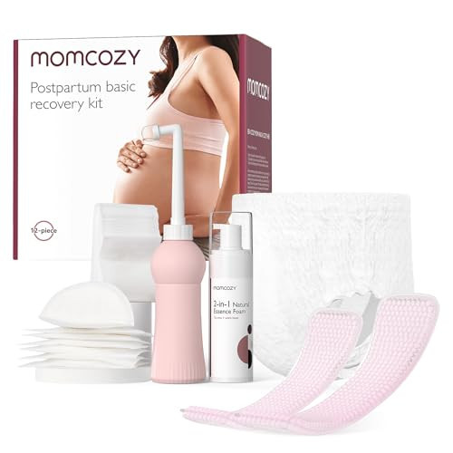 Momcozy Postpartum Recovery Essentials Kit, Labor Delivery Mom Care Kit, Self-Absorbent Disposable Underwear Nipple Nursing Pads Upside Down Peri Bottle Cold Pads Cooling Foam Canvas Bag Set | Amazon (US)