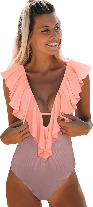 SPORLIKE Women One Piece Swimsuit V-Neck Ruffle Bathing Suit Padded Monokini | Amazon (US)