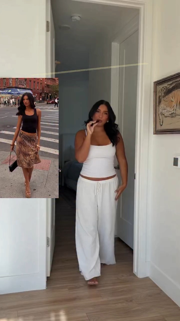 the perfect combo of comfy & cute, casual summer dinner look🖤 (also an easy outfit to style up or down/ always looks good) details below:

*wearing Grey Bandit linen pants & Abercrombie bra-free tank at the beginning! SO comfy, wearing an XL, the pants are stretchy and super comfy)

Skirt @aerie (sold out but linking a similar one)
Tank @aritzia 
Kitten heels @amazonfashion 
Watch @mvmt 
Body products @cyklarofficial @ellisbrooklyn 
Inspo pic @pinterest 
#pinterestoutfits #pinterestoutfit #midsizefashion #summeroutfit