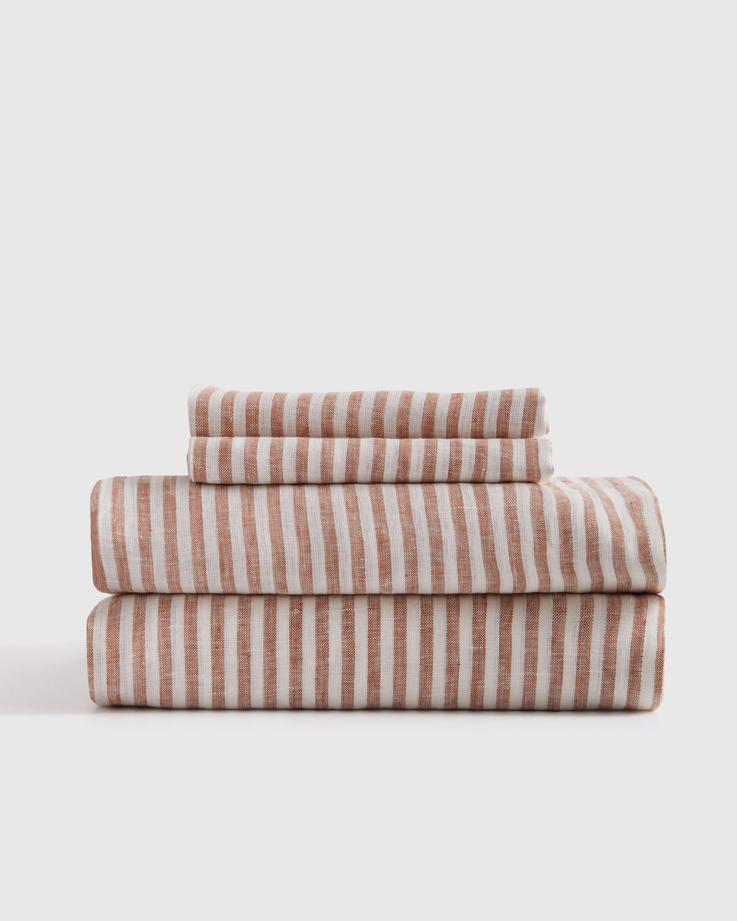Quince | European Linen Sheet Set in Terracotta/White Stripe, Size King | Quince