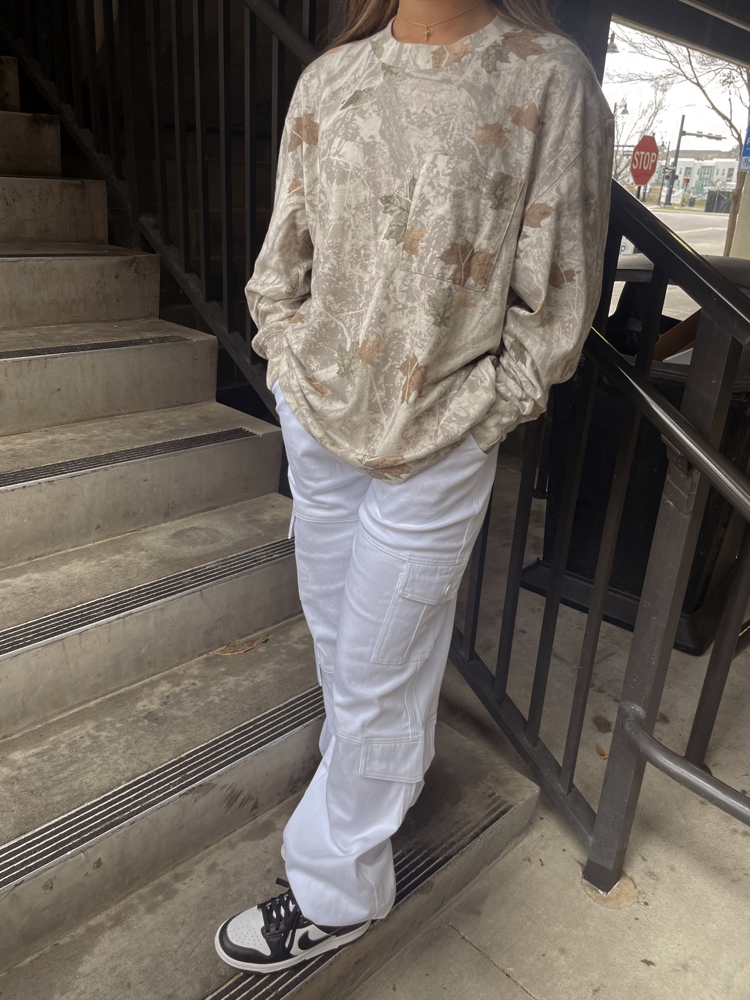 Lil street style fit 🖤. Pants are edikted use code annaw10. Panda Nike low dunk fit. Camo shirt. Neutral outfit. Pinterest girl outfit inspo  

#LTKstyletip #LTKshoecrush