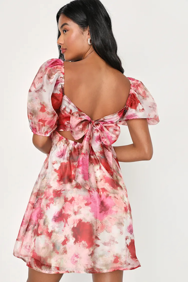 Darling Aura Pink Multi Floral Organza Babydoll Mini Dress | Lulus