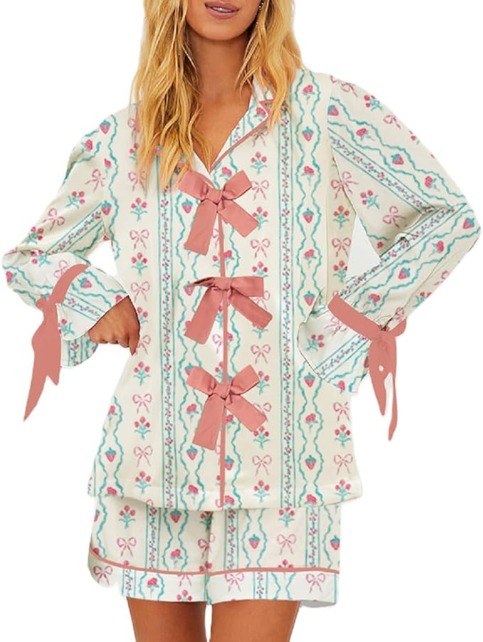 Juakoso Women Valentine's Day Pajamas Sets Cute Heart Bow Print Pjs Bow Tie Long Sleeve Shirt Ruf... | Amazon (US)