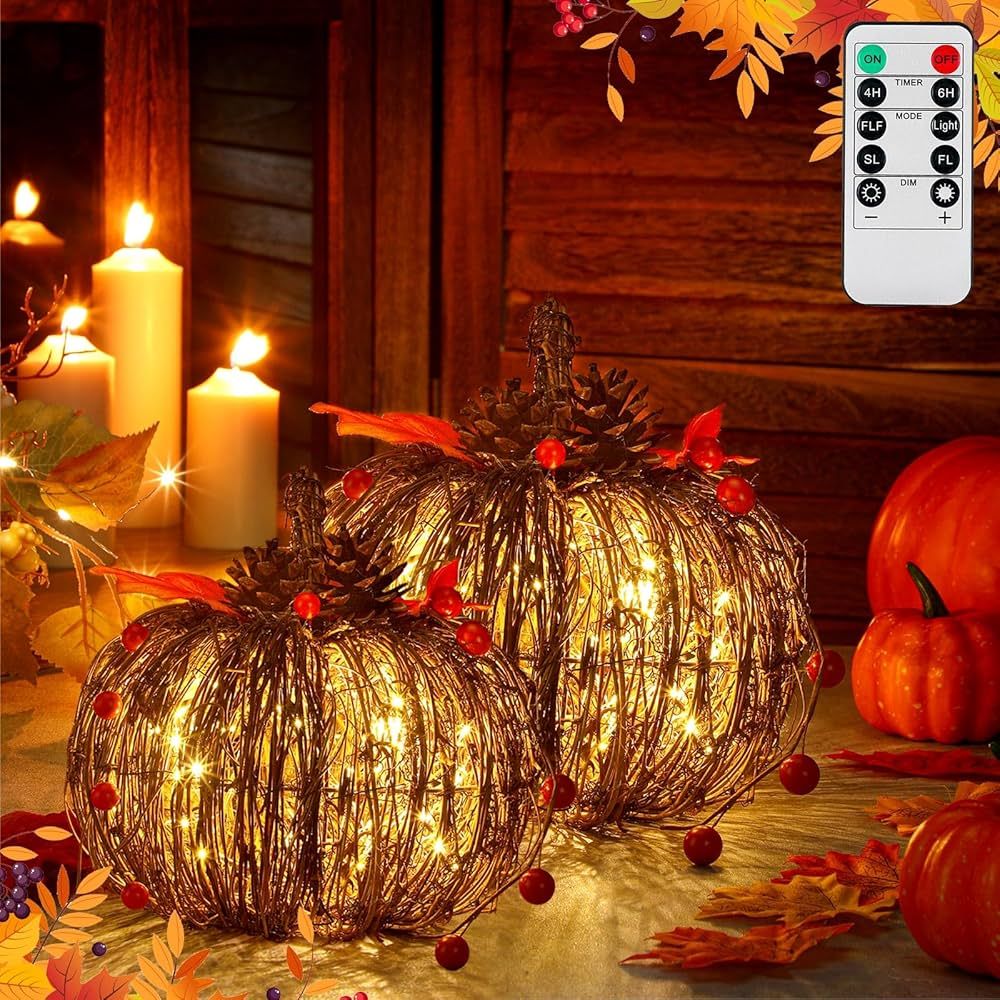 8 Inch 6 Inch 2 Pcs Rattan Lighted Pumpkin Thanksgiving Decorations Artificial Rattan Pumpkin Lan... | Amazon (US)