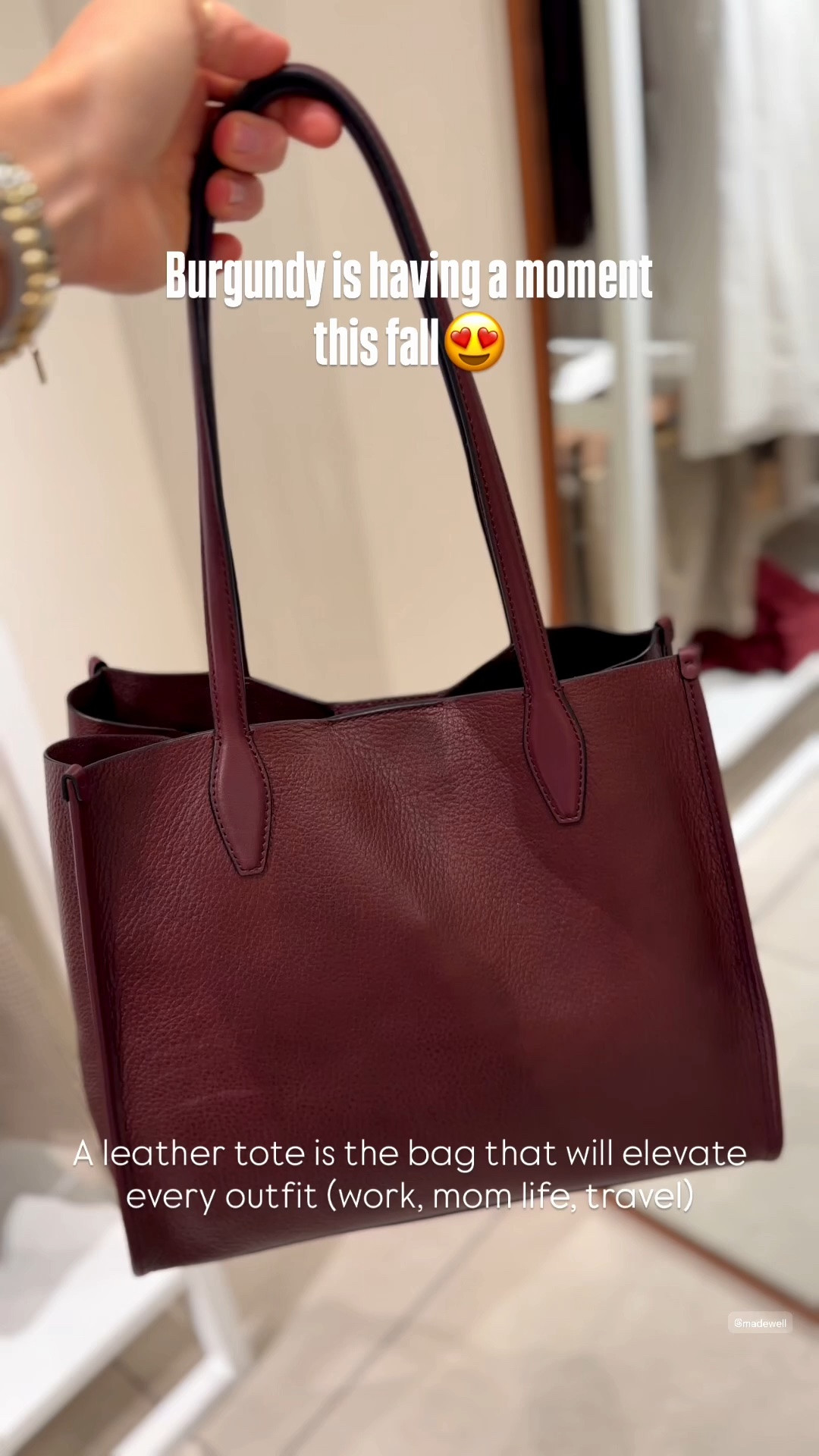 The color burgundy is having a huge moment in fashion this fall! This leather tote is the perfect every day bag for work for mom life and travel. It instantly elevates any outfit you pair it with. ￼

#LTKxMadewell #LTKOver40 #LTKWorkwear