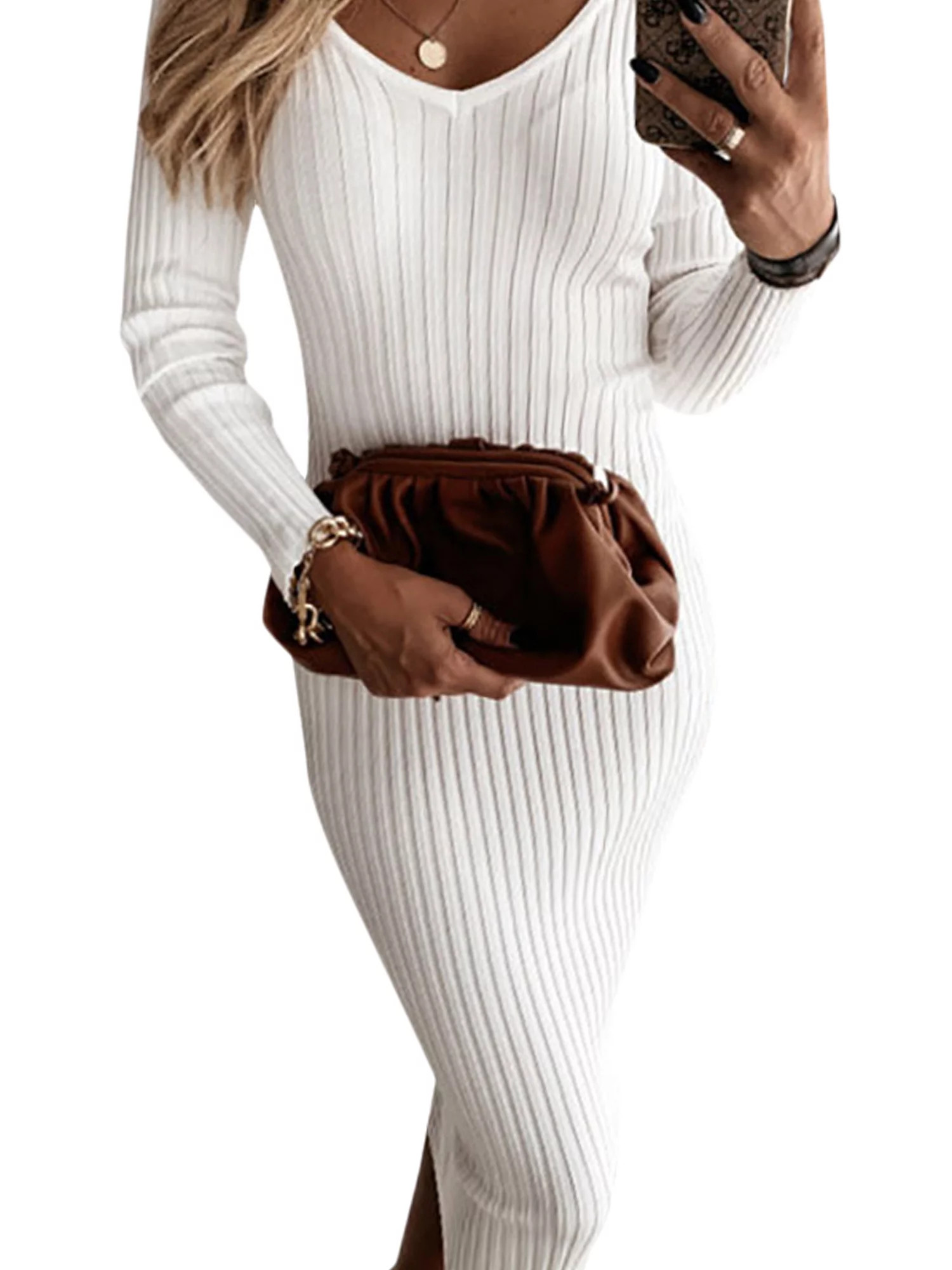 Women Long Sleeve Bodycon Dress V Neck Plain Ribbed Sweater Jumper Midi Dresses - Walmart.com | Walmart (US)