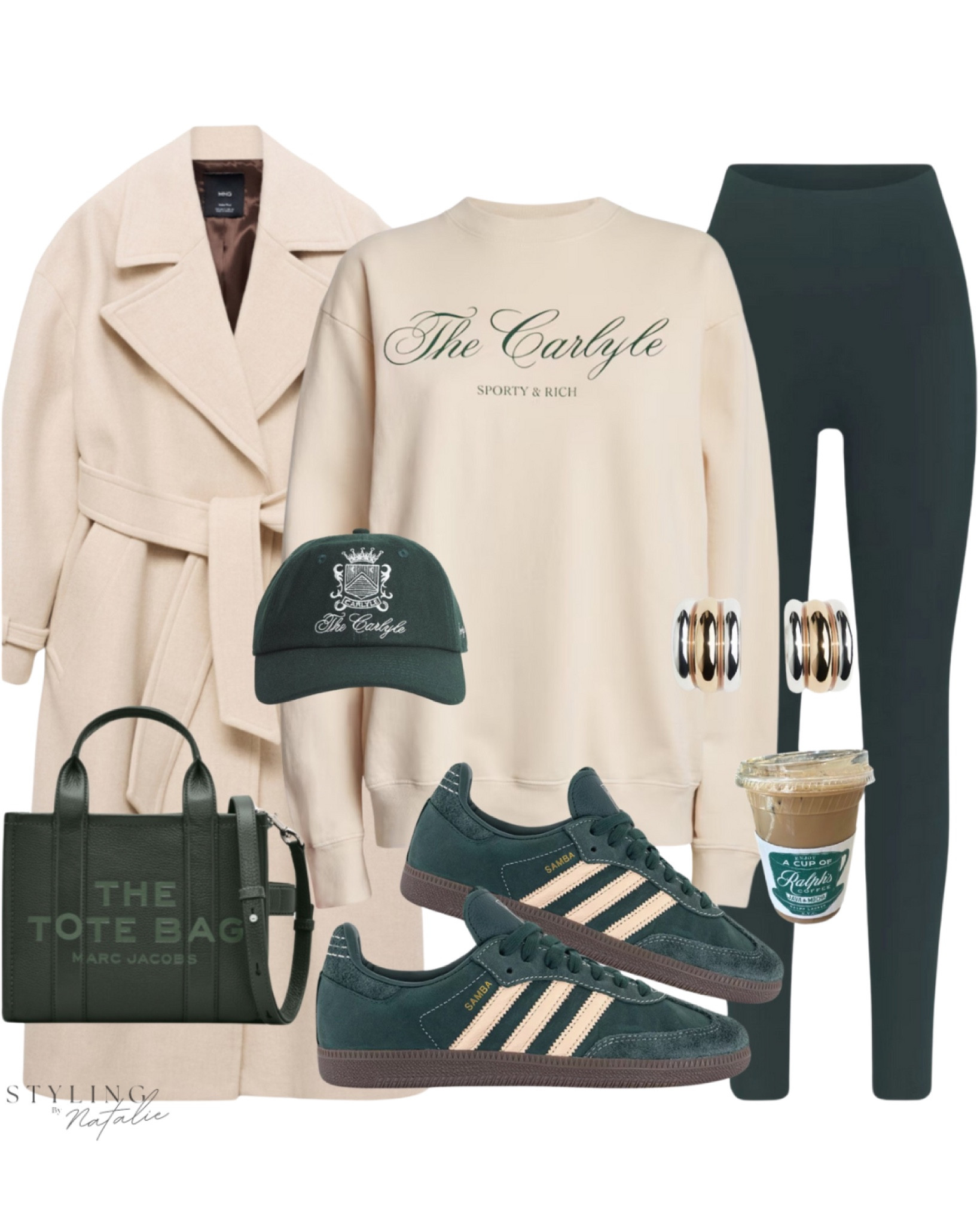Comfy casual weekend outfit-
Wrap belt wool coat, Green leggings, Sporty & Rich sweatshirt, Adidas samba trainers, Marc jacobs tote bag, baseball cap & two tone earrings.
Athleisure wear, everyday outfit, winter outfit, sneakers, winter coat, green outfit.

#LTKwinter #LTKstyletip #LTKmidsize