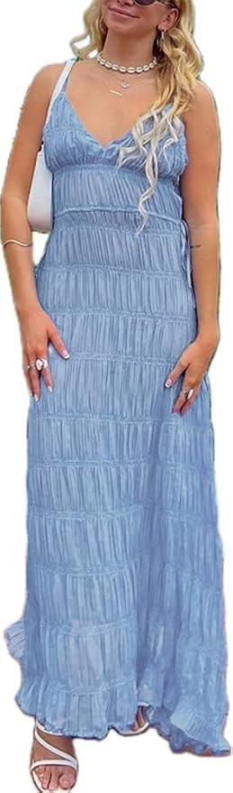Women's Backless Smocked Maxi Dress Sexy Spaghetti Strap Cut Out Flowy Beach Long Dress Vacation ... | Amazon (US)